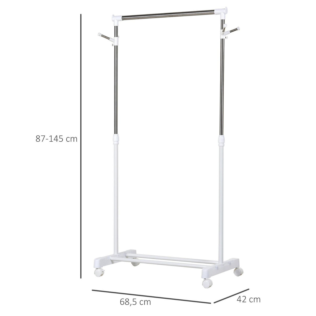 HOMCOM Portant à vêtements sur roulettes - hauteur réglable - 2 patères doubles - acier inox PP blanc