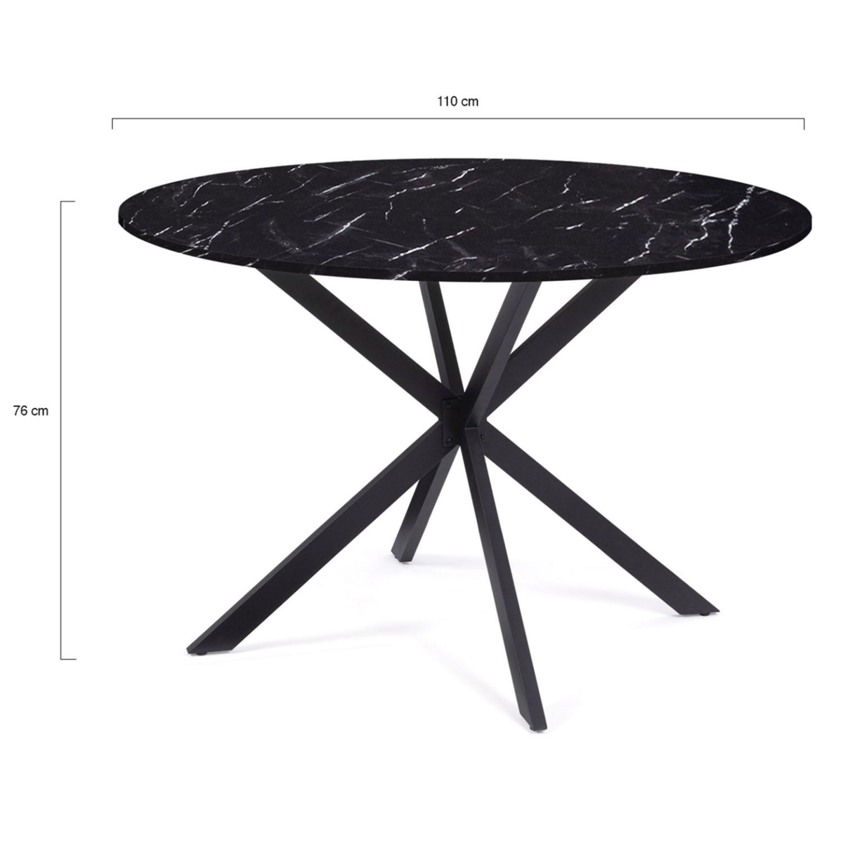 ID MARKET Table à manger ronde ALIX 6 personnes pied araignée noir et plateau effet marbre noir ALASKA 110 cm