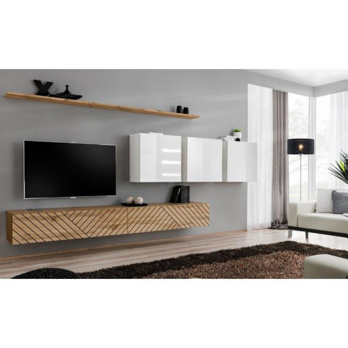 Paris Prix Ensemble Meuble TV  Switch Lamel VII  340cm Naturel & Blanc