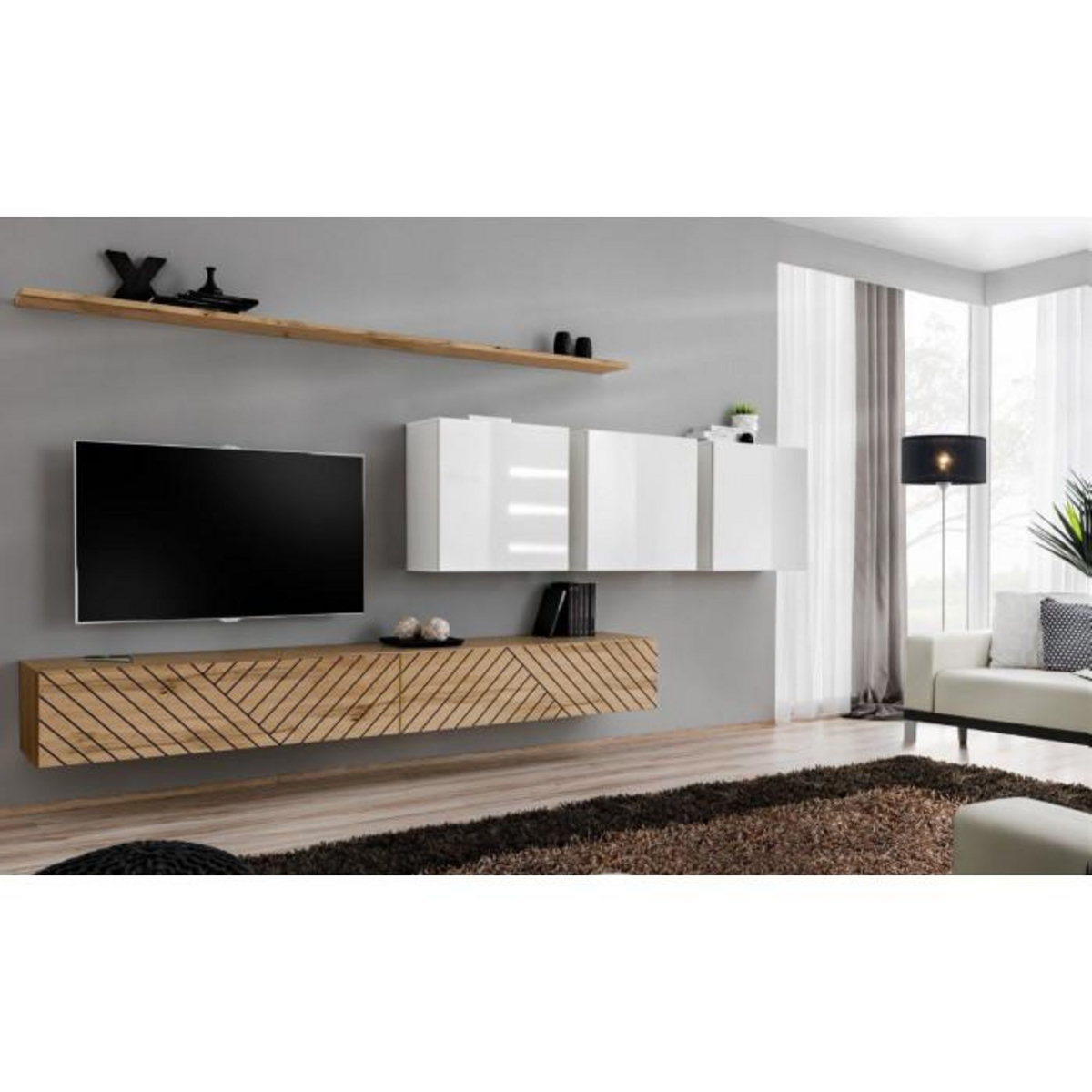 Paris Prix Ensemble Meuble TV  Switch Lamel VII  340cm Naturel & Blanc