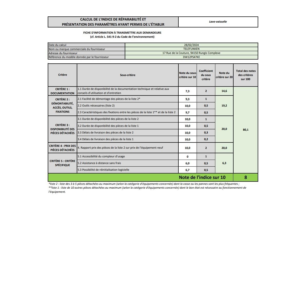 TELEFUNKEN Lave-vaisselle 60cm 12couverts 47db - DW12PS47KE