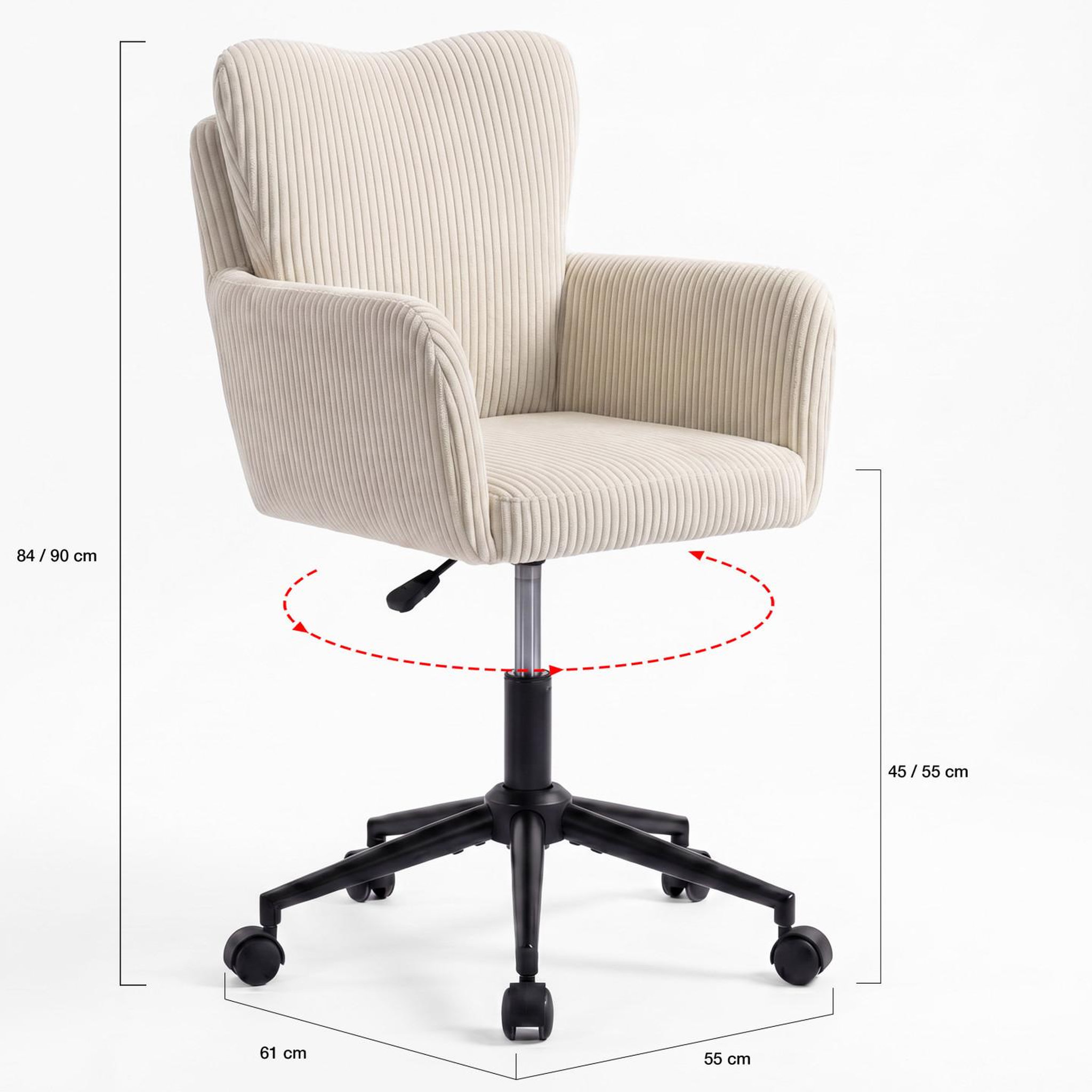 Voir la diapositive 5 : ID MARKET Chaise de bureau zack en velours côtelé beige avec coussin pivotante et hauteur réglable à roulettes
