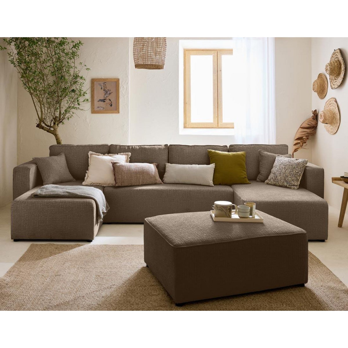 BEST MOBILIER Topaze - canapé panoramique en u - 7 places - convertible avec coffre - en tissu velours relief