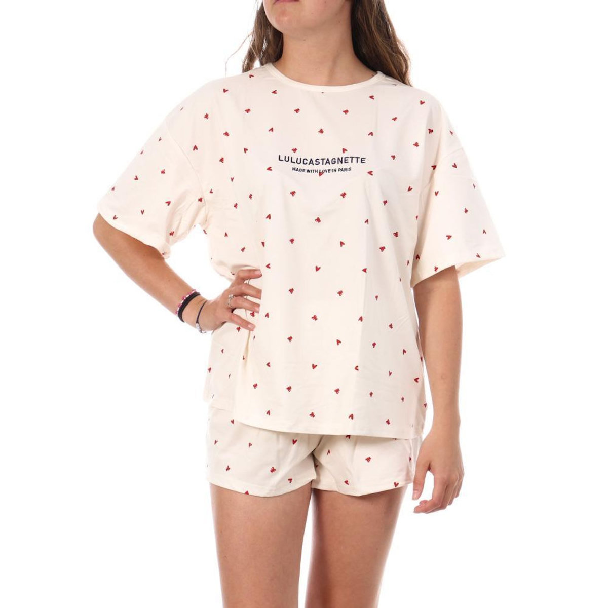Lulu Castagnette Pyjama Court Beige/Rouge Femme Lulu Castagnette Petits Cœurs
