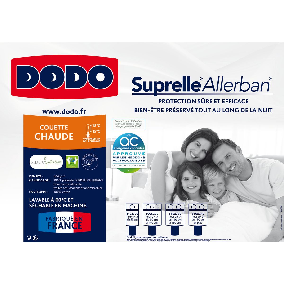 DODO Couette chaude 400g/m² anti allergique SUPRELLE 