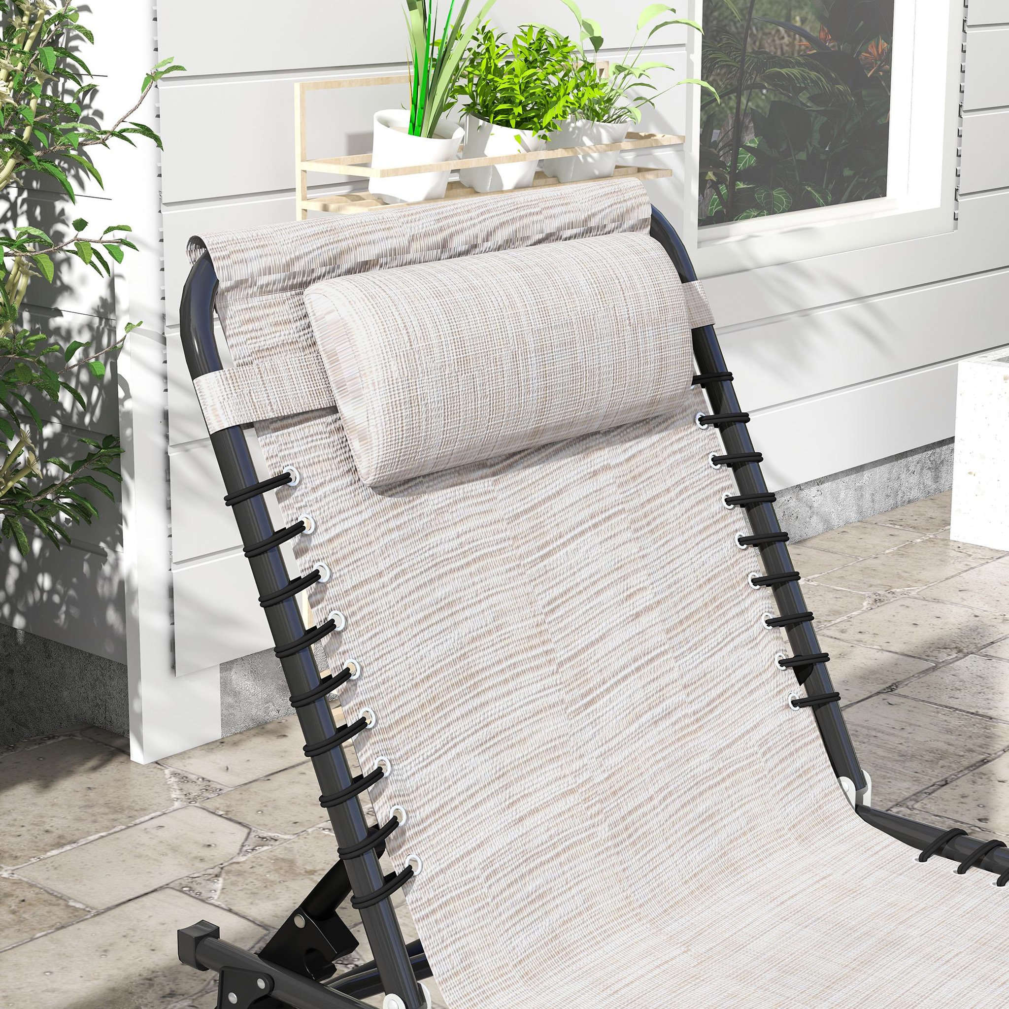 Voir la diapositive 6 : OUTSUNNY Lot de 2 bains de soleil transats pliables inclinables acier lacets élastiques noir textilène crème