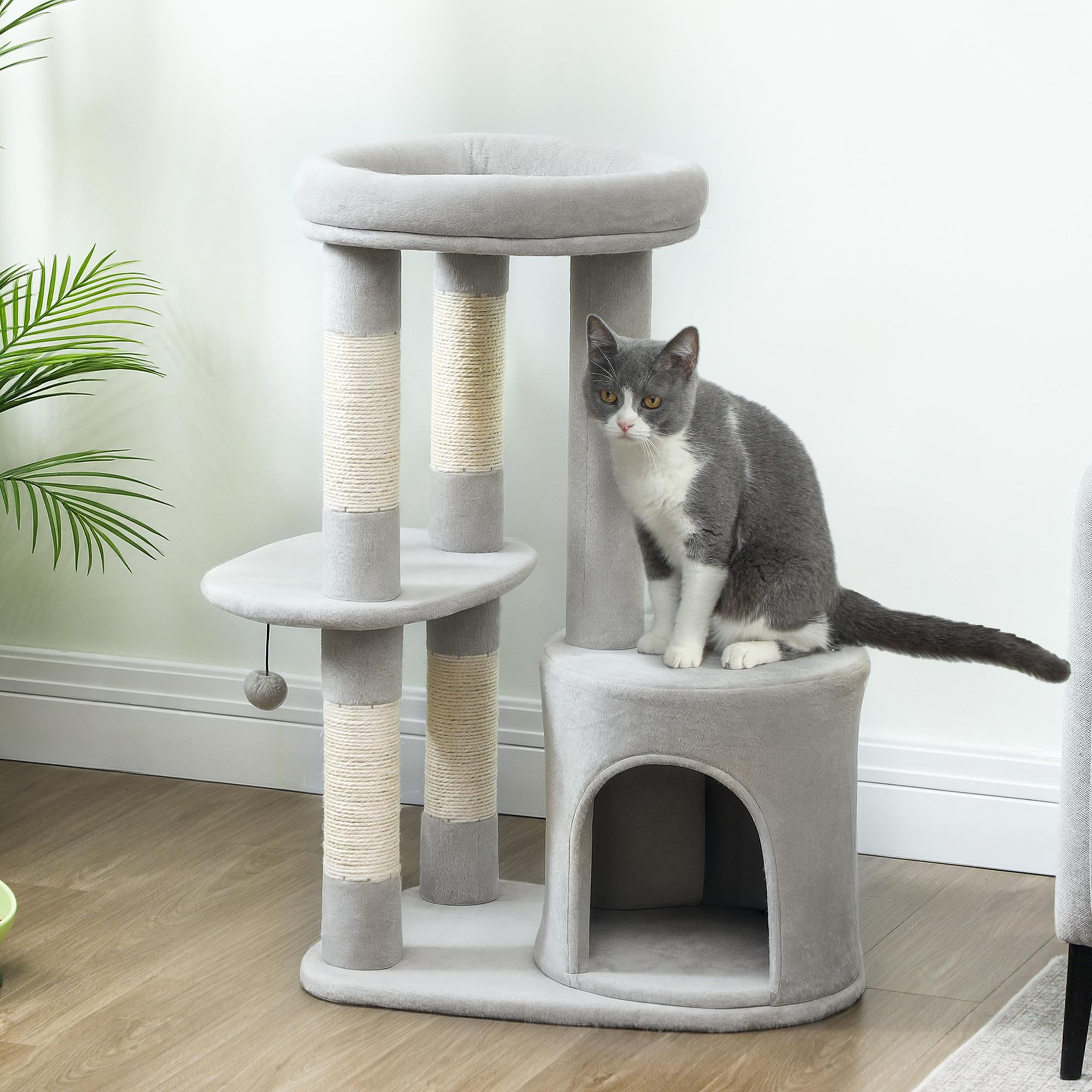 Voir la diapositive 2 : PAWHUT Arbre à chat design gris clair arrondi h.90cm niche 2 plateformes boule griffoirs