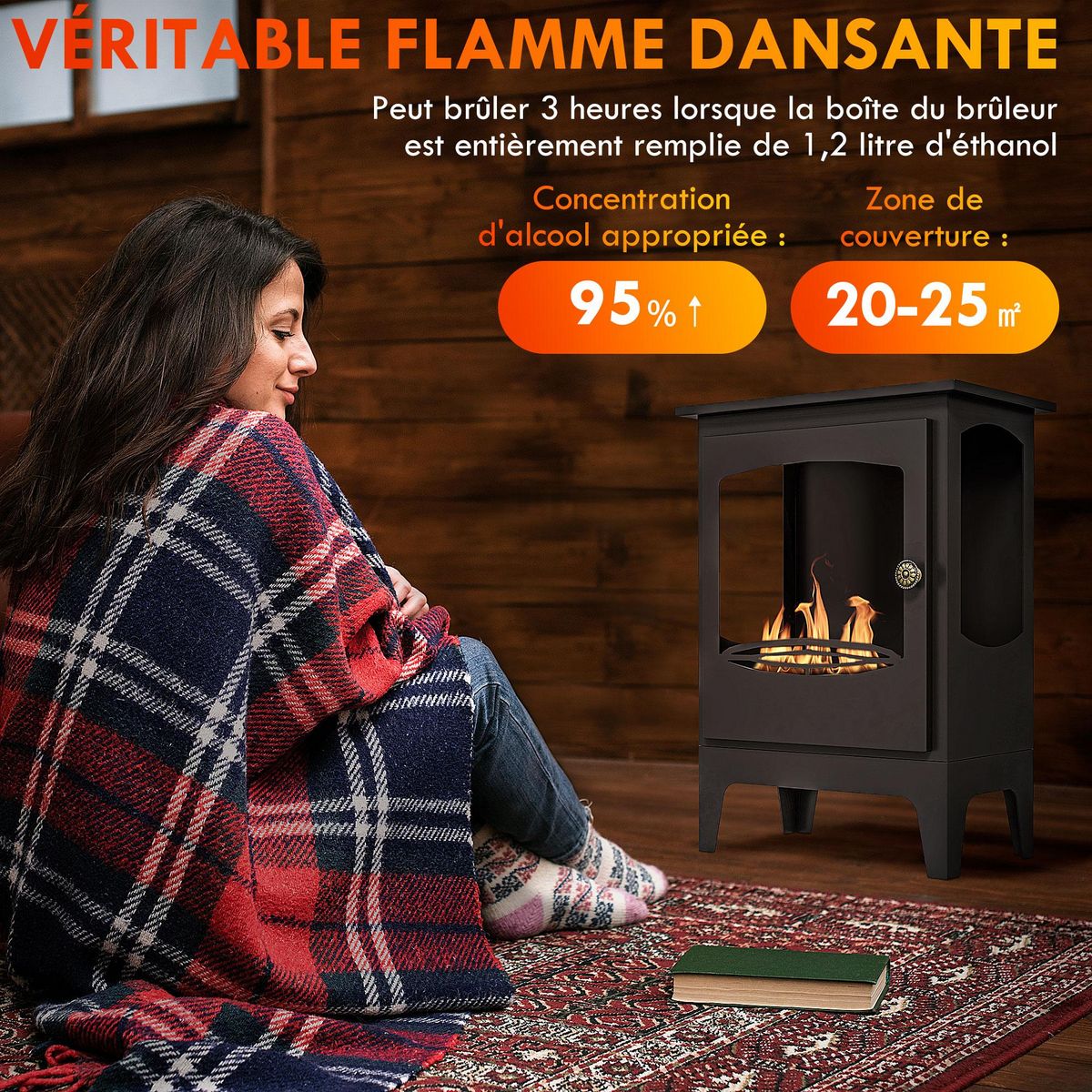 HOMCOM Cheminée bioéthanol sur pied style néo-rétro poêle - brûleur 1,2 L - contrôle de flamme et manche inclus - acier noir