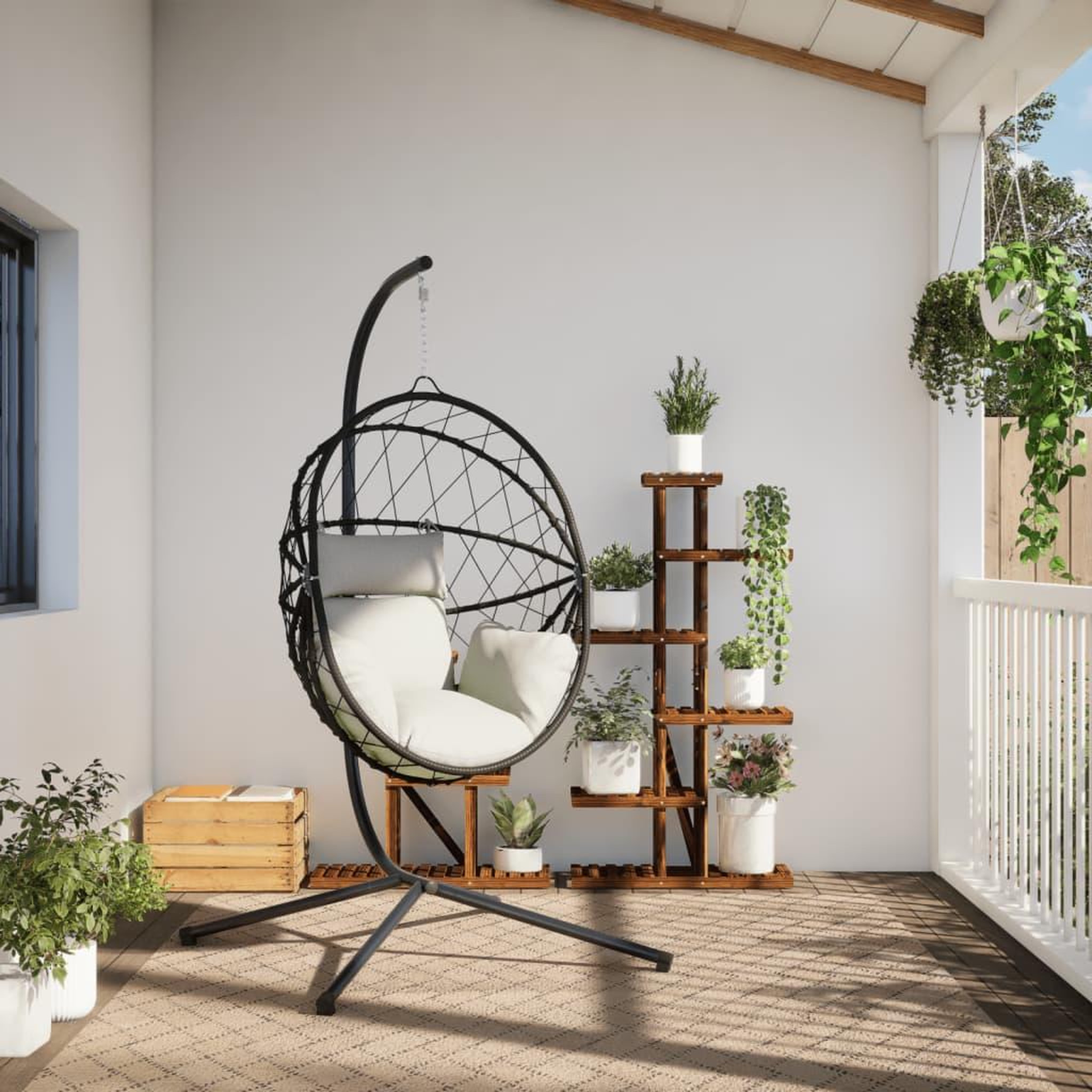Voir la diapositive 3 : VIDAXL Chaise suspendue en forme d'œuf et support beige rotin et acier