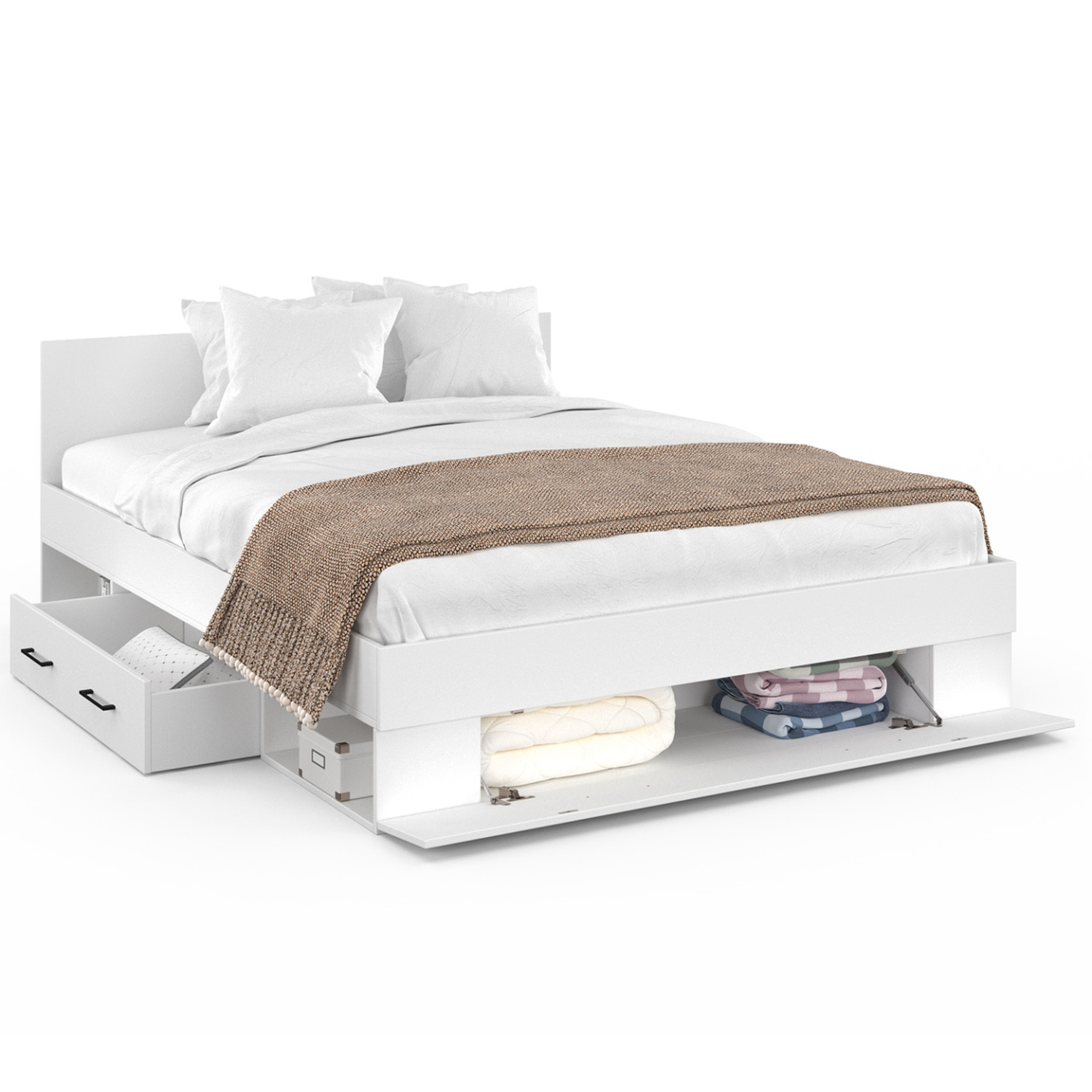 Voir la diapositive 4 : ID MARKET Lit double minea avec tiroirs + niches de rangement + tête de lit et sommier 140 x 190 cm blanc