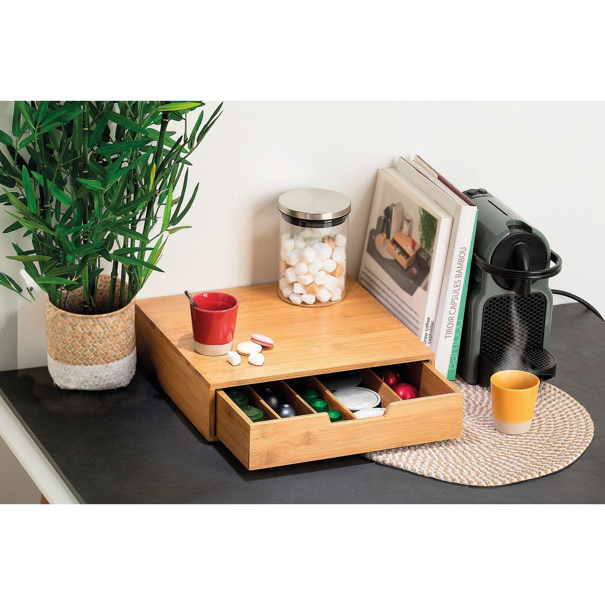 Voir la diapositive 4 : FIVE Boite à capsules pour café avec tiroir de rangement en bambou - Beige