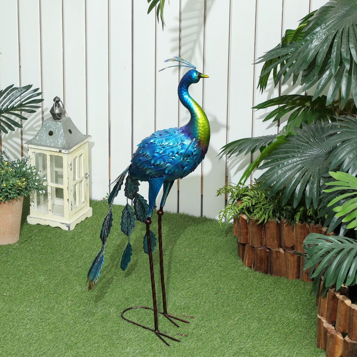 OUTSUNNY Statue de jardin paon H. 83 cm - décoration de jardin - métal bleu