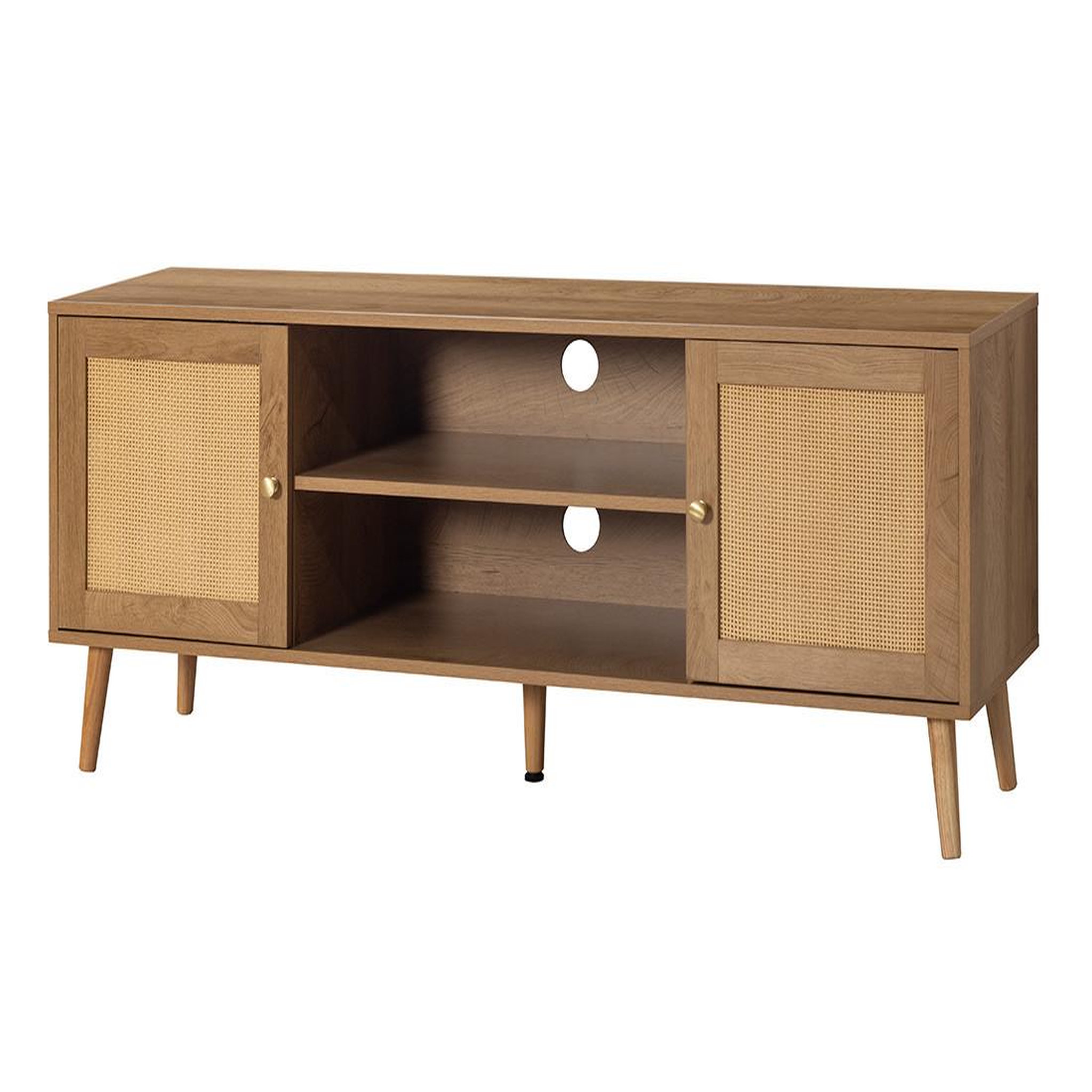 Voir la diapositive 5 : BEST MOBILIER Goto - meuble tv - effet bois et cannage - 2 portes et 2 niches - 140 cm