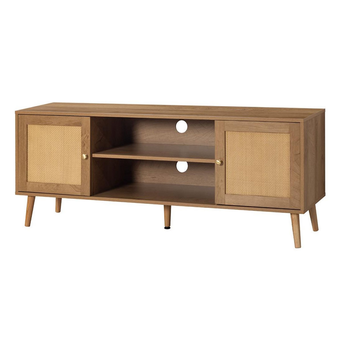 BEST MOBILIER Goto - meuble tv - effet bois et cannage - 2 portes et 2 niches - 140 cm