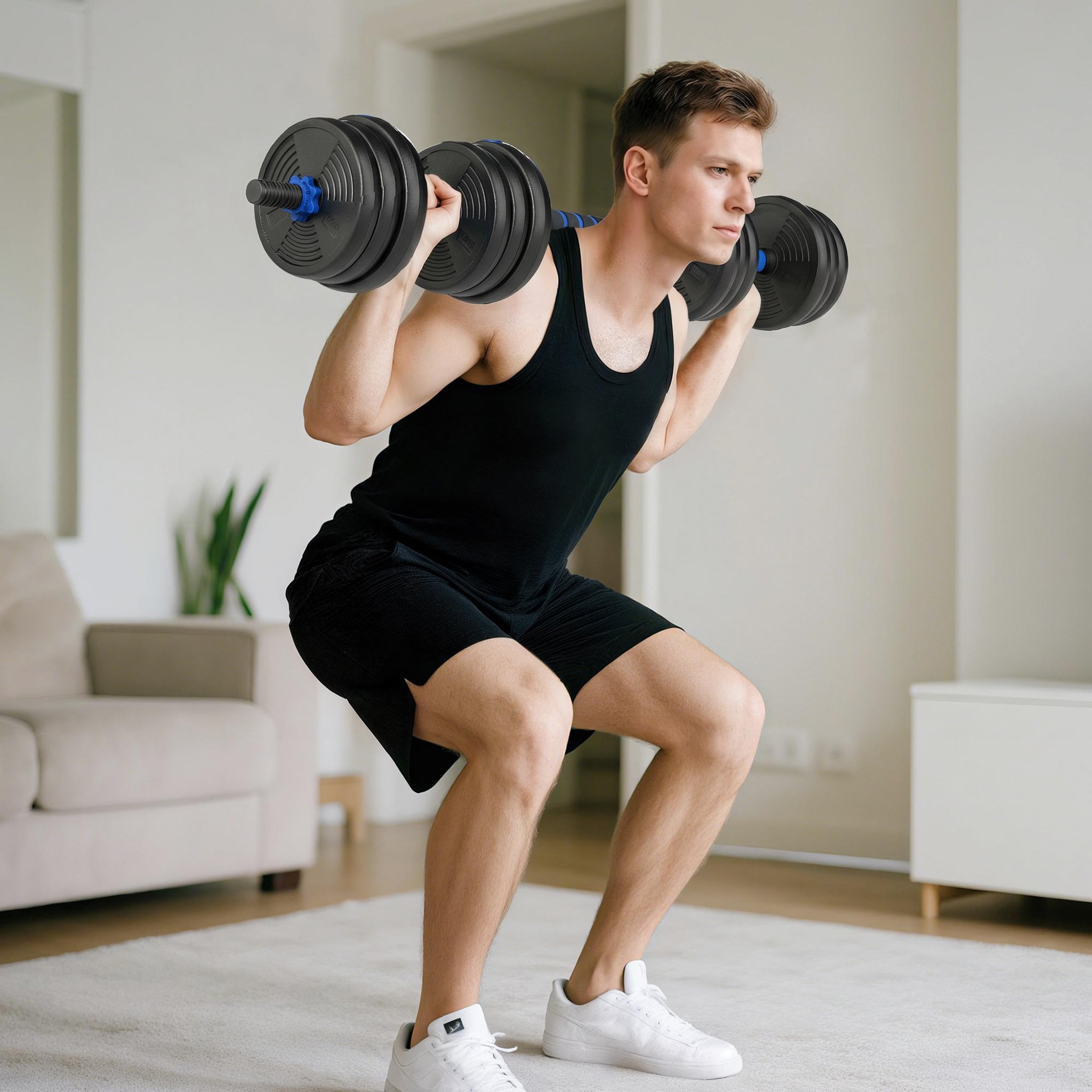 Voir la diapositive 6 : HOMCOM Ensemble d'haltères musculation multifonction 3 en 1 - haltères, olympic barre, curl ez barre - total 25kg - pvc bleu noir
