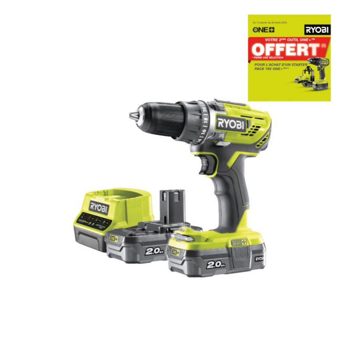 Ryobi Perceuse-visseuse RYOBI - R18DD3-220S - 18V One+ - 2 batteries 2.0Ah - chargeur rapide