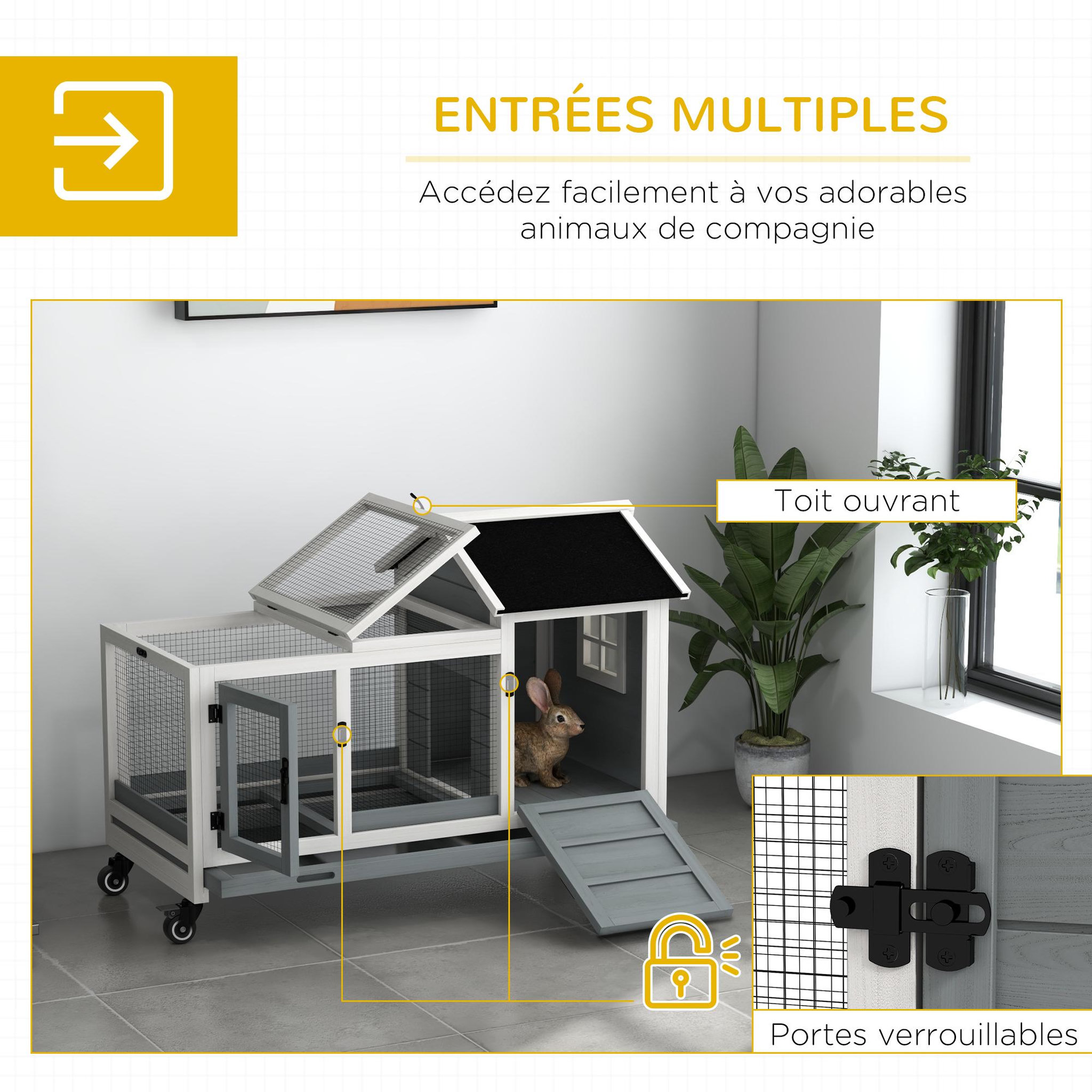 Voir la diapositive 6 : PAWHUT Clapier à lapin sur roulettes cage à lapin porte, rampe trappe verrouillables toit ouvrant niche bois sapin acier gris blanc