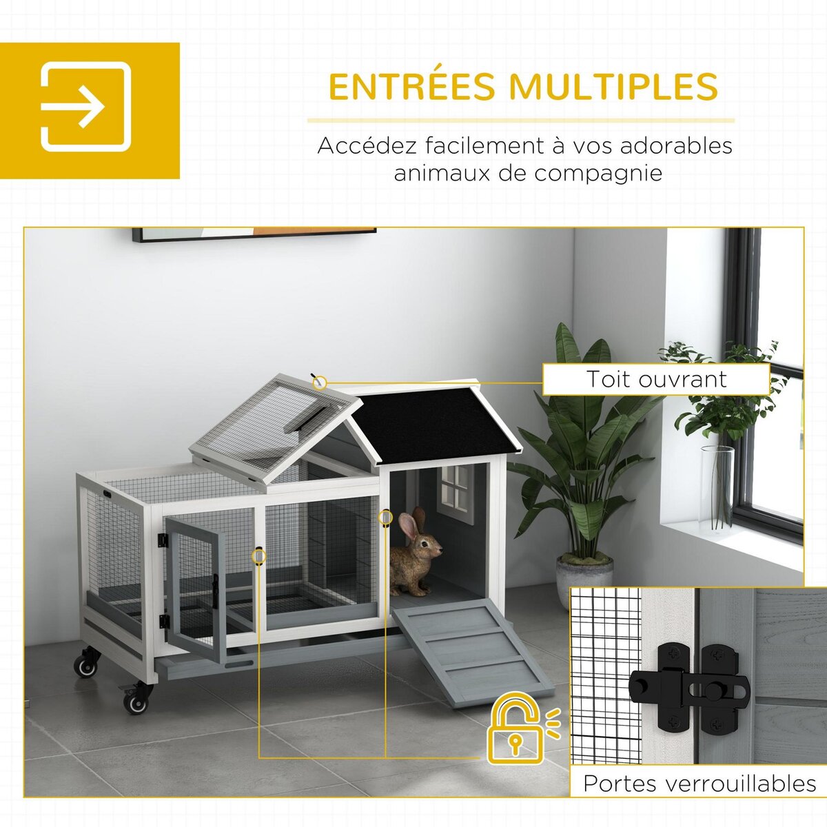 PAWHUT Clapier à lapin sur roulettes cage à lapin porte, rampe trappe verrouillables toit ouvrant niche bois sapin acier gris blanc