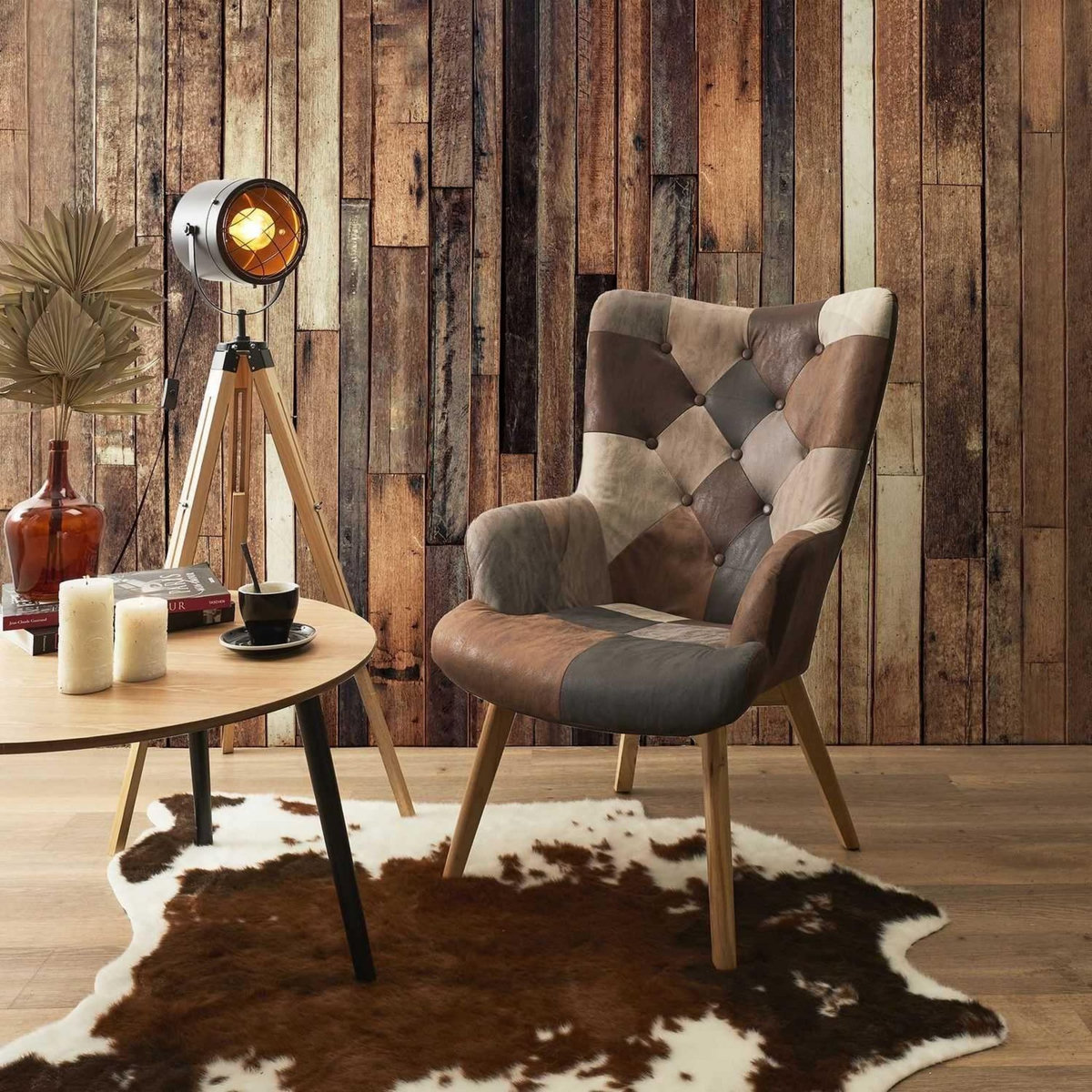 The Home Deco Factory Fauteuil de salon scandi en patchwork Helsinki