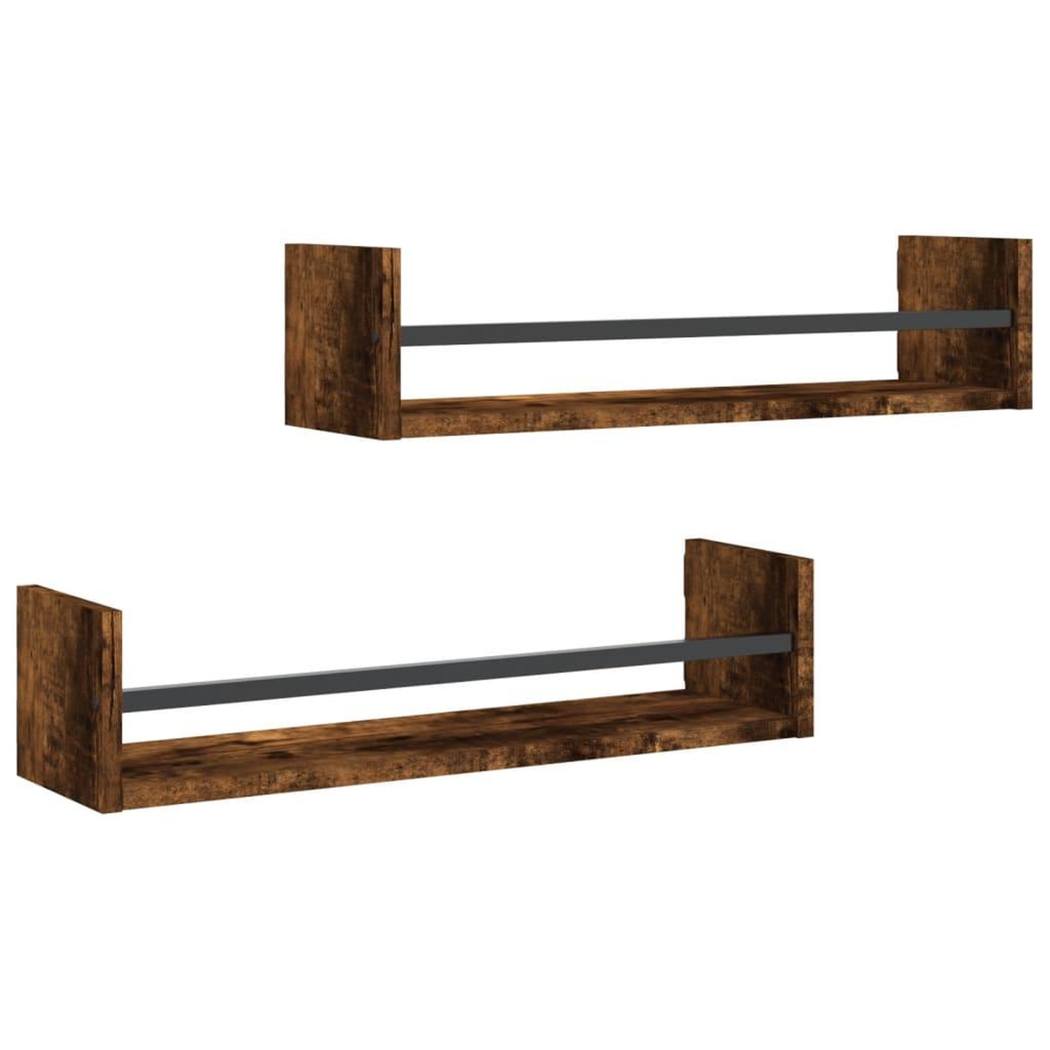 Voir la diapositive 2 : VIDAXL Etageres murales avec barres 2 pcs chene fume 60x16x14 cm