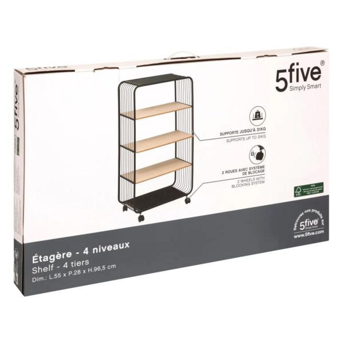 FIVE Étagère à Roulettes 4 Niveaux  Bert  96cm Noir