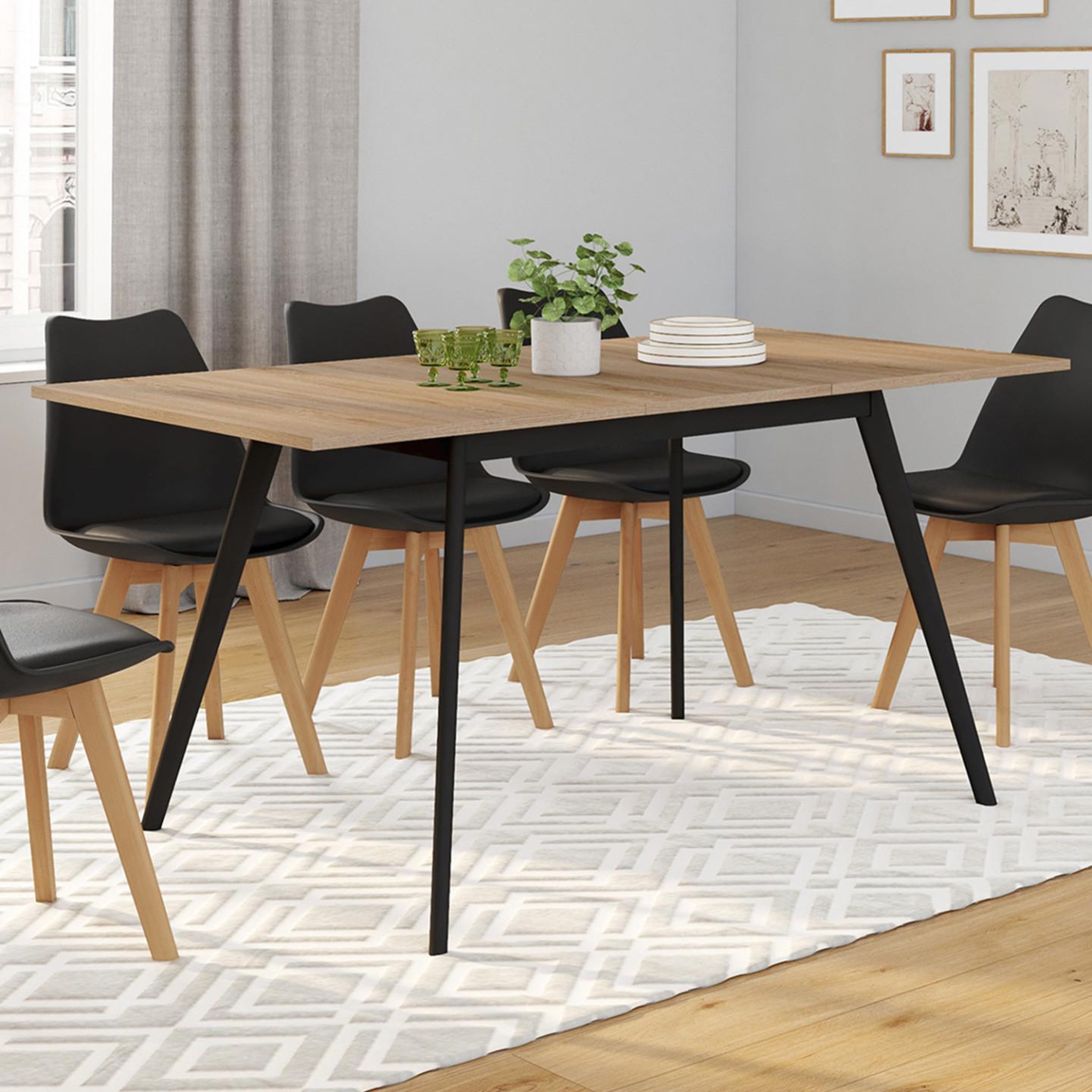Voir la diapositive 2 : ID MARKET Table scandinave extensible rectangle inga 4-8 personnes plateau bois pieds noirs 110-150 cm