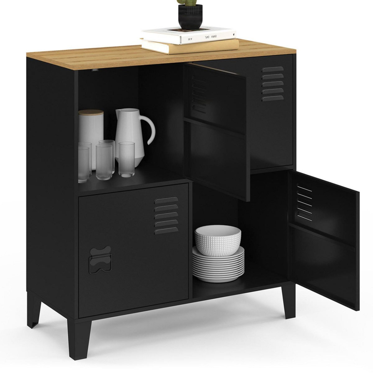 ID MARKET Buffet d'appoint casier 70 cm ESTER 4 portes en métal noir plateau bois design industriel