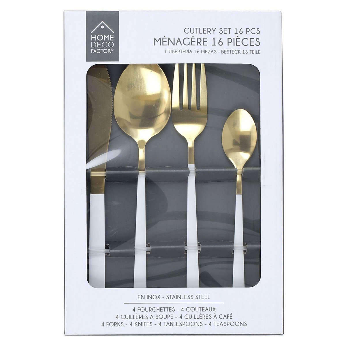 TOILINUX Ménagère 16 pièces - Blanc et doré.