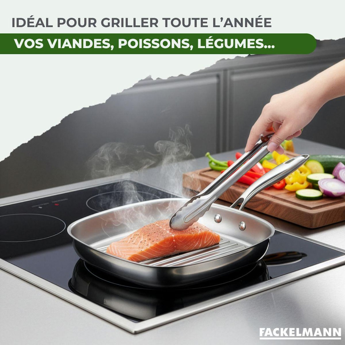 Fackelmann Poêle à Frire 26 cm et Gril 28 cm inox 18/10 Triply et couvercle Fackelmann Vita3