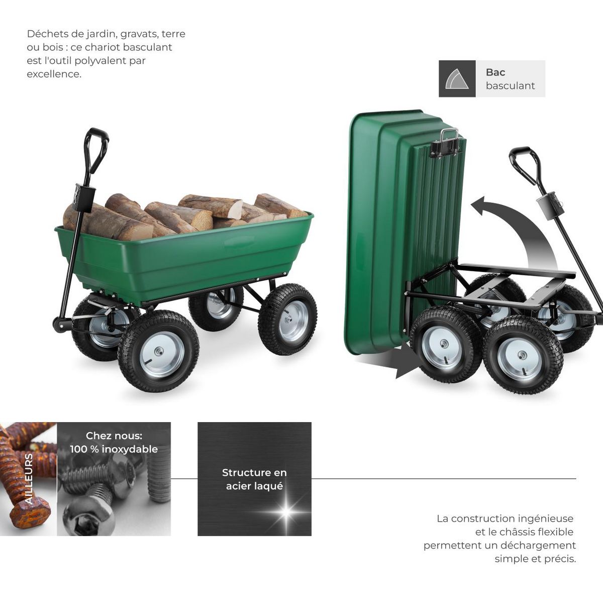 tectake Chariot de jardin et de transport avec fonction d'inclinaison vert