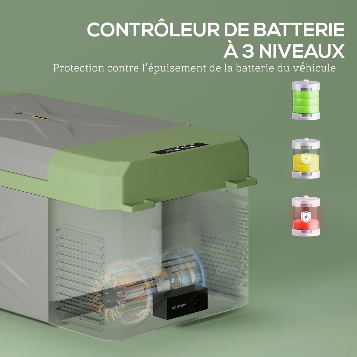 OUTSUNNY Glacière électrique voiture à compression 16,3L - réfrigérateur voiture congélateur 12/24V 60W max 2 modes gris vert