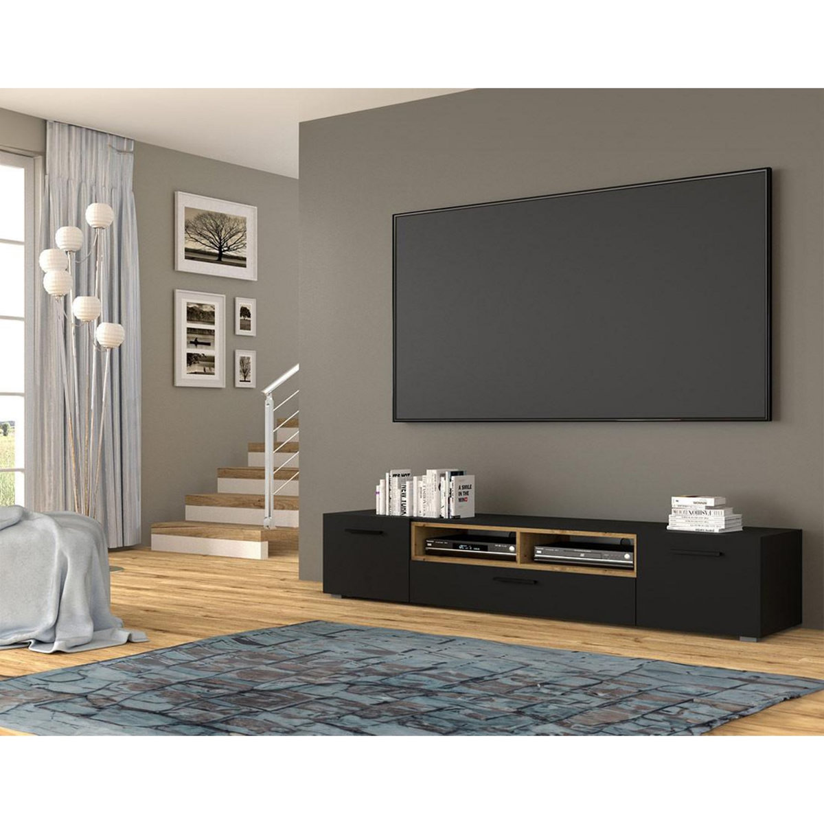 BEST MOBILIER Leolio - meuble tv - noir et effet bois - 198 cm