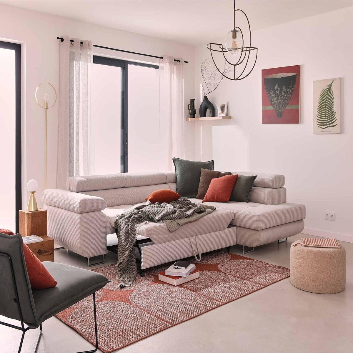 BEST MOBILIER Zaria - canapé d'angle droit - convertible avec coffre et têtières réglables - 5 places - en velours côtelé