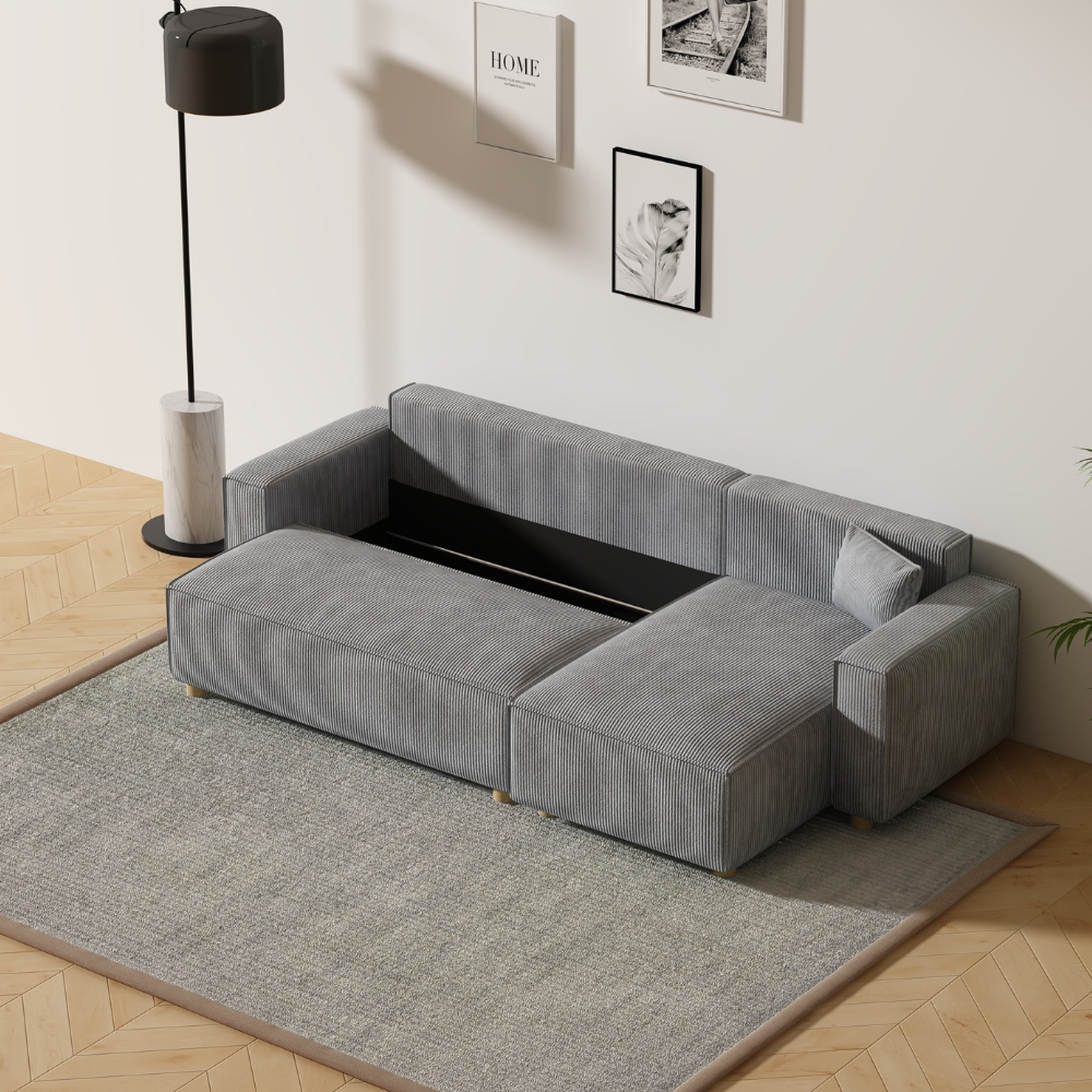 Voir la diapositive 6 : CONCEPT USINE Canapé convertible d'angle en velours côtelé gris clair cosy
