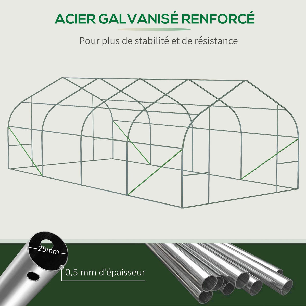 OUTSUNNY Serre tunnel grande taille 17,85 m² châssis tubulaire acier galvanisé renforcé 2,4 cm 8 fenêtres 1 porte blanc