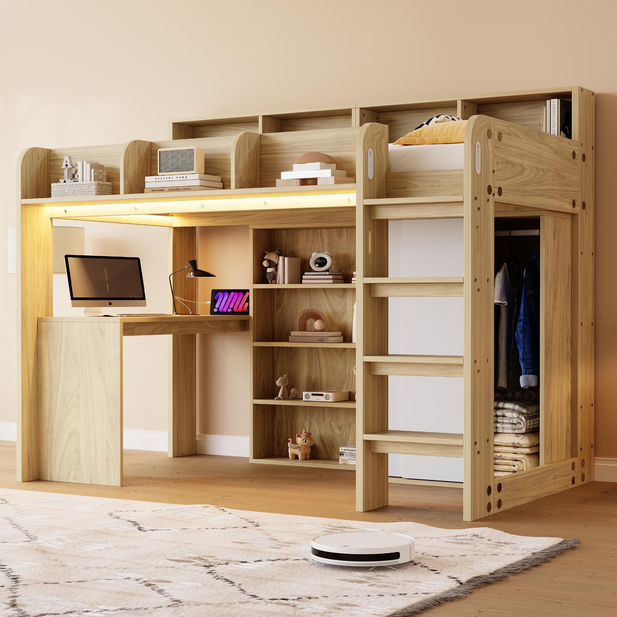 Voir la diapositive 4 : MERAX Lit mezzanine 90x200 cm coloris naturel led mdf