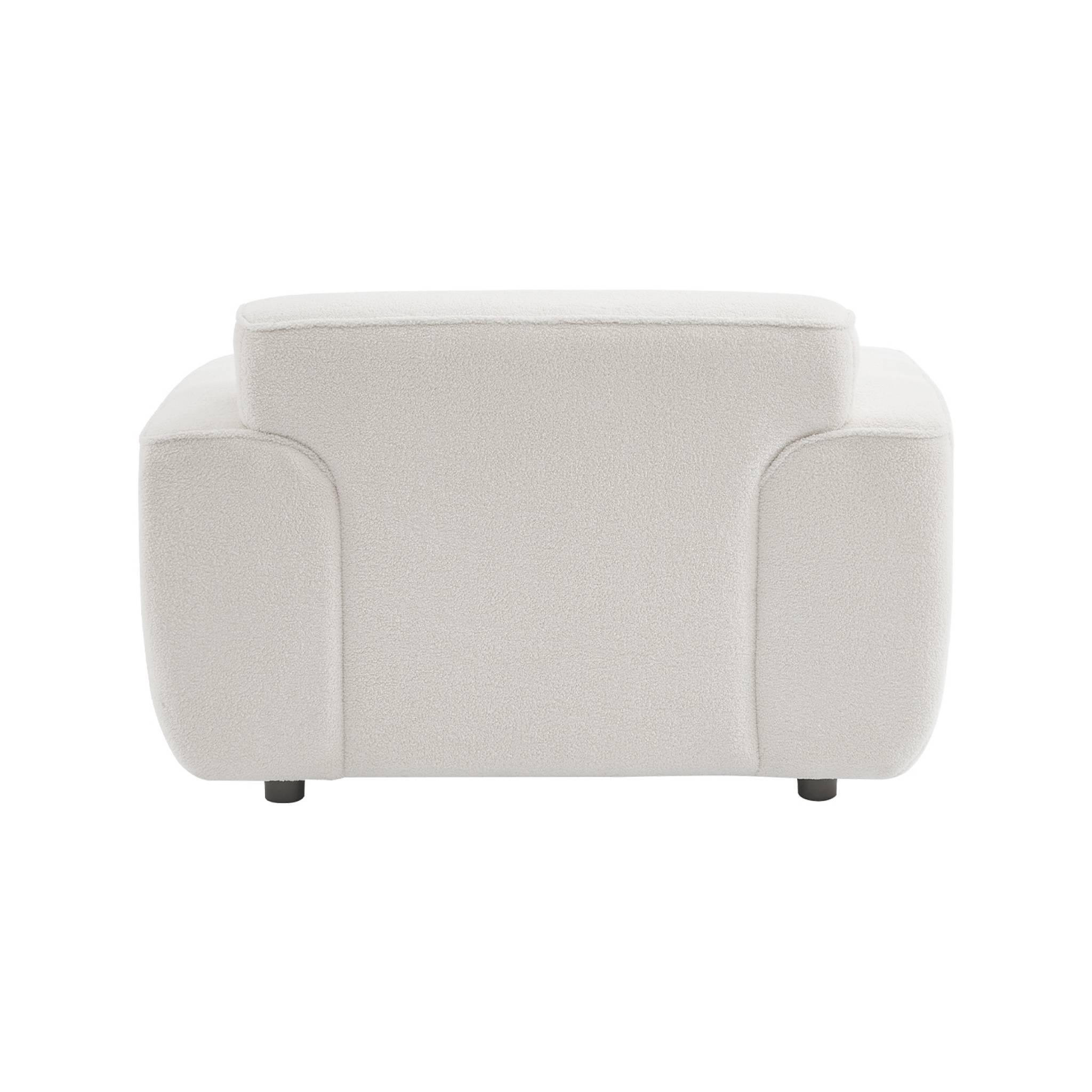 Voir la diapositive 6 : SWEEEK Fauteuil tissu bouclette blanche. lignes arrondis. coussin fourni. Wallas. L 116 x P 97 x H 73cm