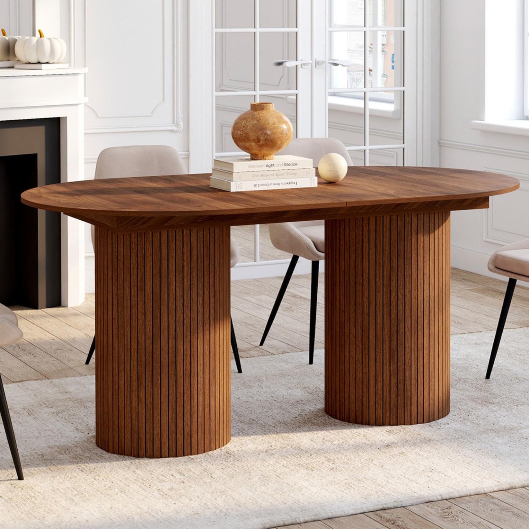 Voir la diapositive 4 : ID MARKET Table à manger extensible ovale juliette  6-10 personnes pieds cylindriques lattes tasseau bois coloris noyer 160-200 cm