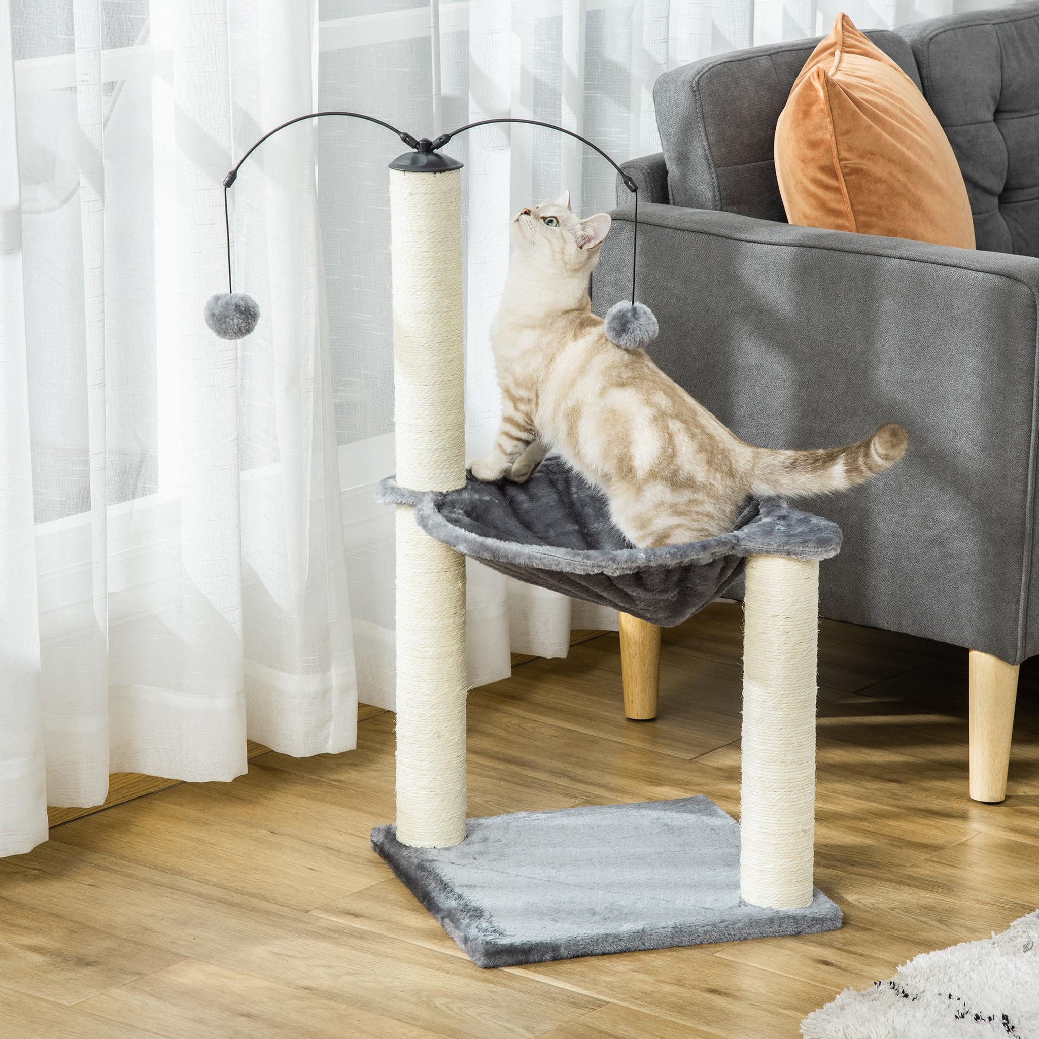 Voir la diapositive 2 : PAWHUT Arbre à chat 2 griffoirs grattoirs sisal naturel hamac jeu 2 boules suspendues peluche haute densité 400 g/m² gris