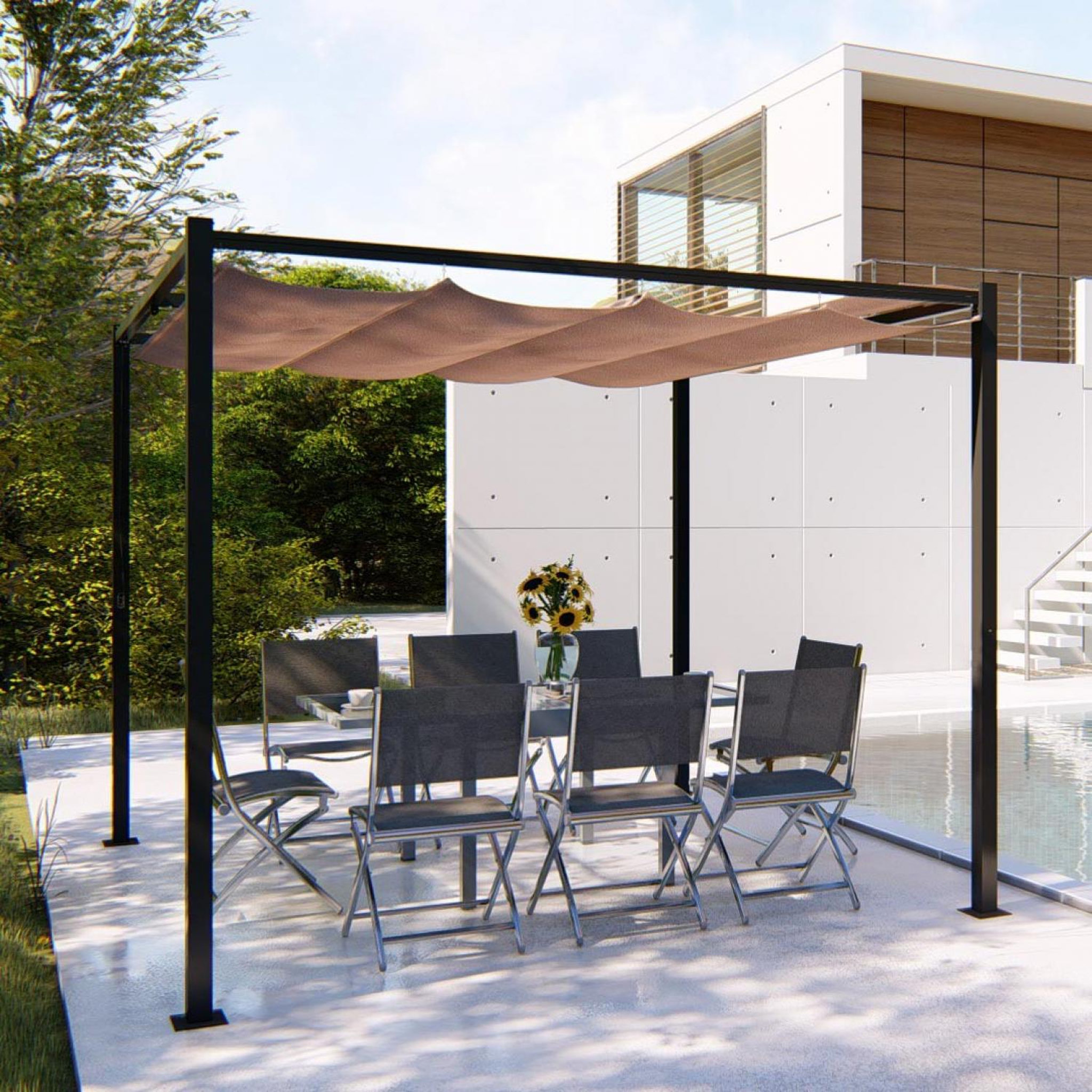 Voir la diapositive 2 : CONCEPT USINE Pergola autoportante 3 x 3 m en acier avec toile taupe tusa