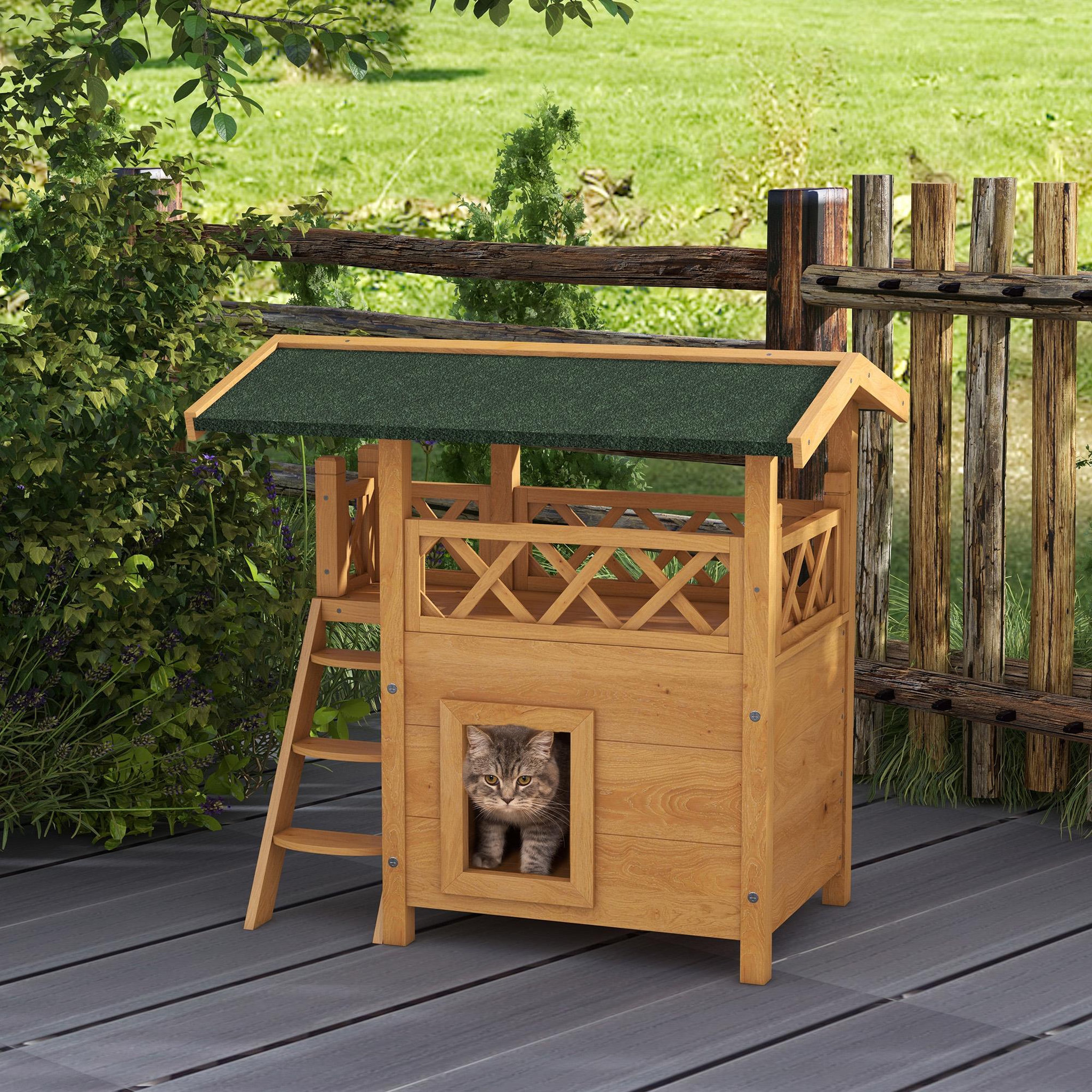 Voir la diapositive 2 : PAWHUT Maison lodge chat chien - niche villa avec terrasse, escalier, toit - 77 x 50 x 73 cm - bois pin pré-huilé