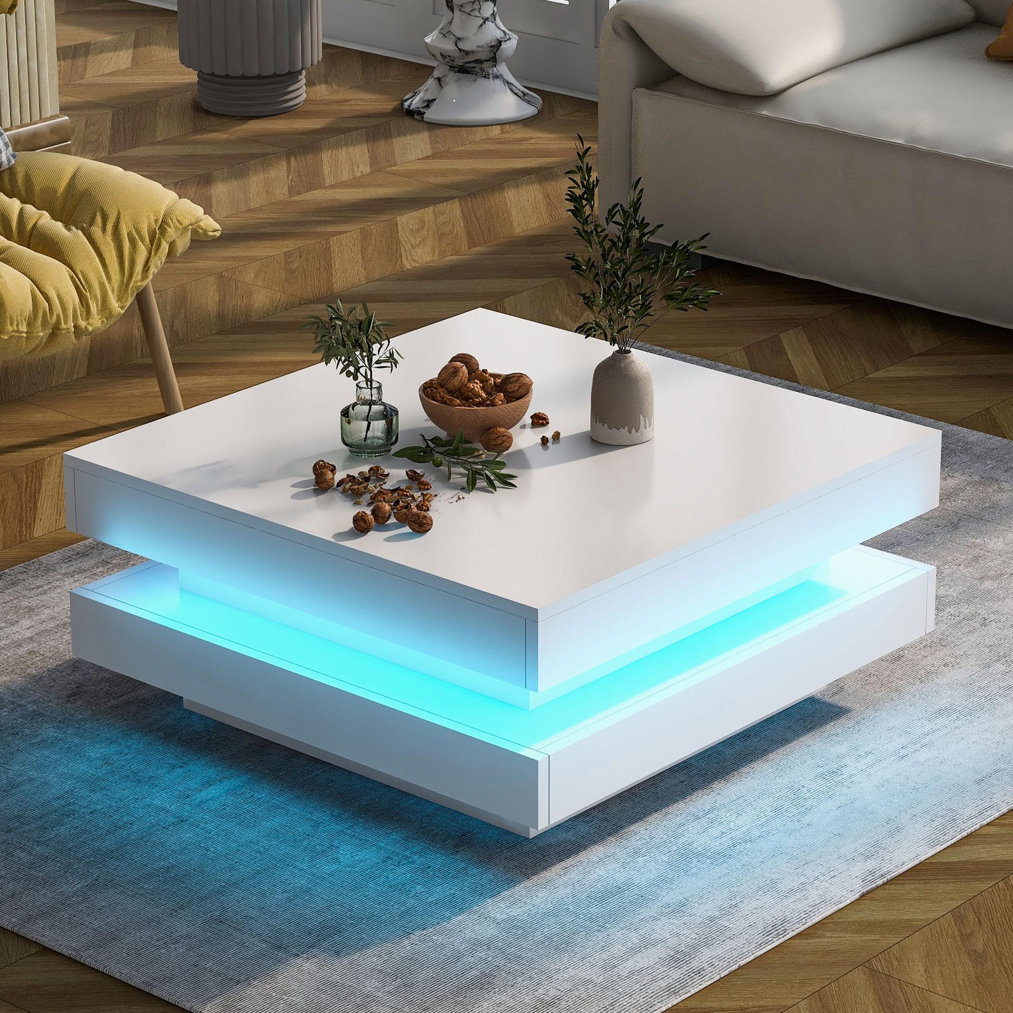 Voir la diapositive 3 : MERAX Table Basse Carrée Blanche Brillante Avec Plateau Pivotant Et Lumière LED 16 Couleurs, 70x70x36 Cm