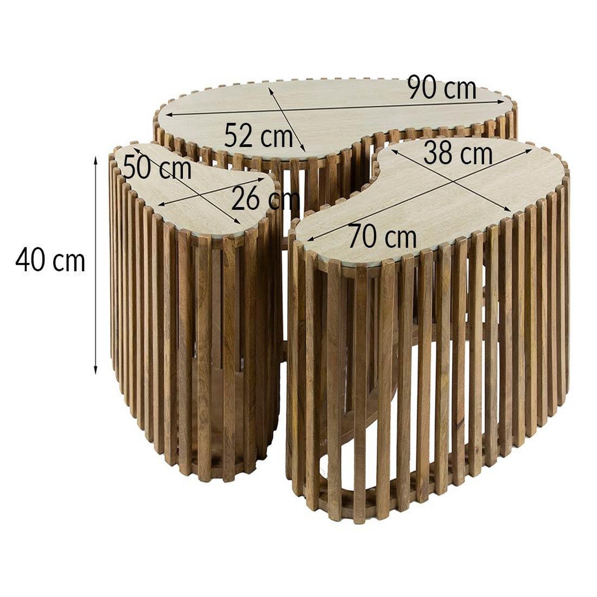 Voir la diapositive 5 : BEST MOBILIER Jade - lot de 3 tables basses gigognes effet travertin - pieds en bois massif de manguier - 90, 70 et 50 cm