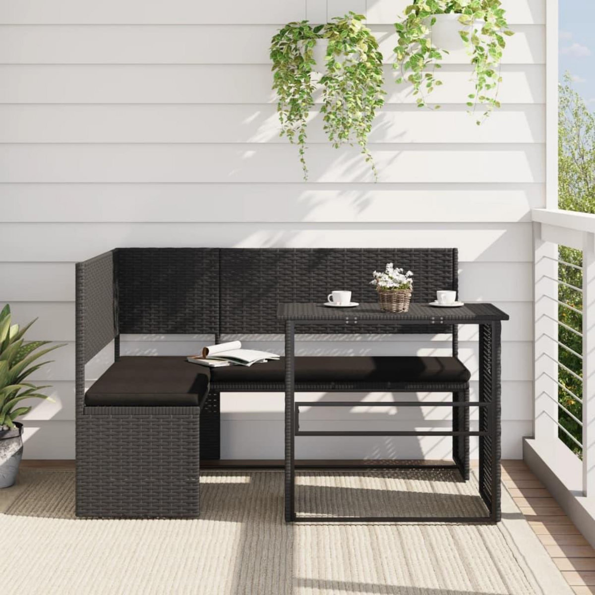 VIDAXL Canape de jardin avec table et coussins en forme de L noir
