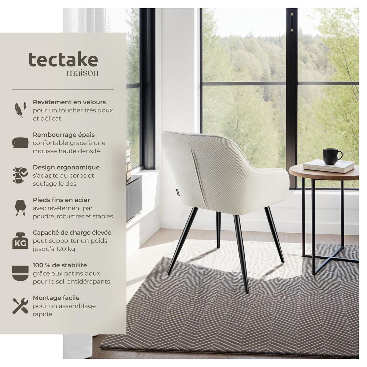 tectake Chaise de salle à manger rembourrée en velours côtelé crème/noir
