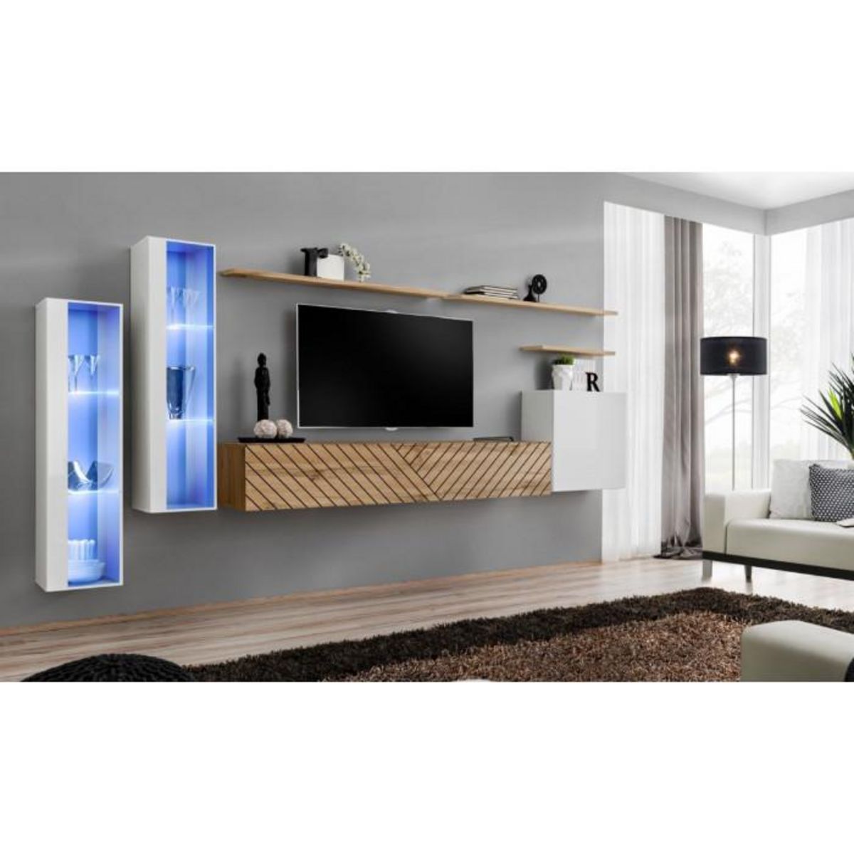 Paris Prix Ensemble Meuble TV  Switch Lamel XI  330cm Naturel & Blanc