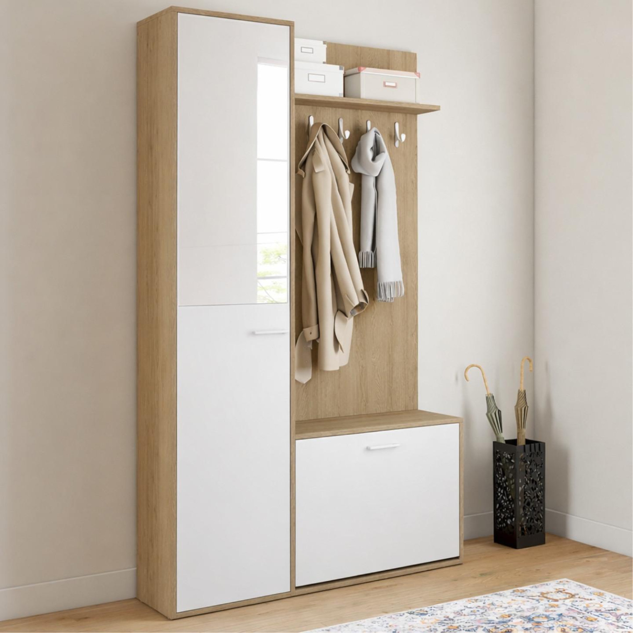 Voir la diapositive 2 : ID MARKET Vestiaire d'entrée rangement chaussures avec miroir et étagères mahaut 1 porte effet bois et blanc