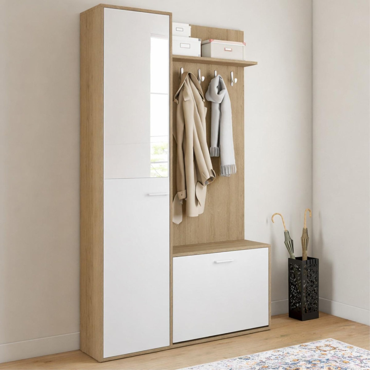 ID MARKET Vestiaire d'entrée rangement chaussures avec miroir et étagères MAHAUT 1 porte effet bois et blanc