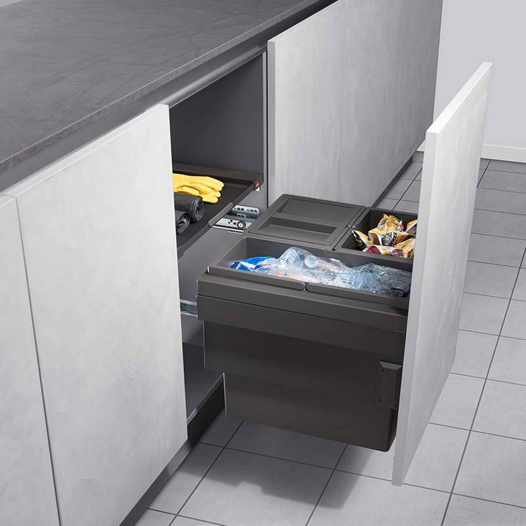 Voir la diapositive 3 : HAILO Poubelle de cuisine tri sélectif 3 bacs encastrable 44l (18+13+13) hailo cargo synchro