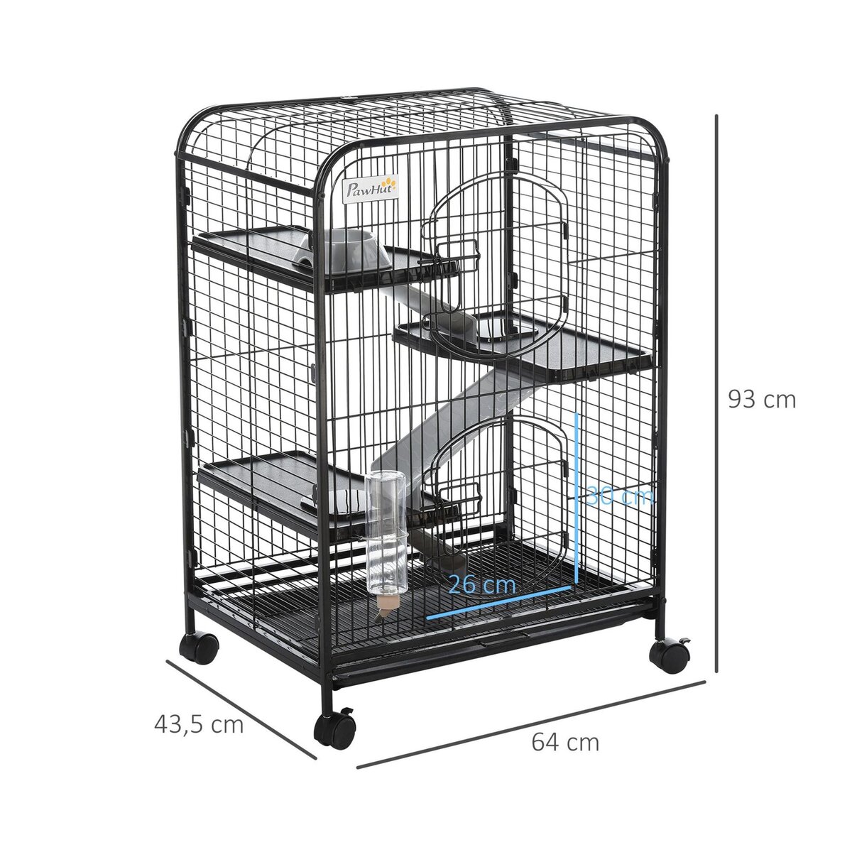 PAWHUT PawHut Cage pour Petits Animaux Roulante 3 Rampes 3 Plates-formes Plat et Bouteille d'Eau Bac Inférieur Amovible Acier PP Noire